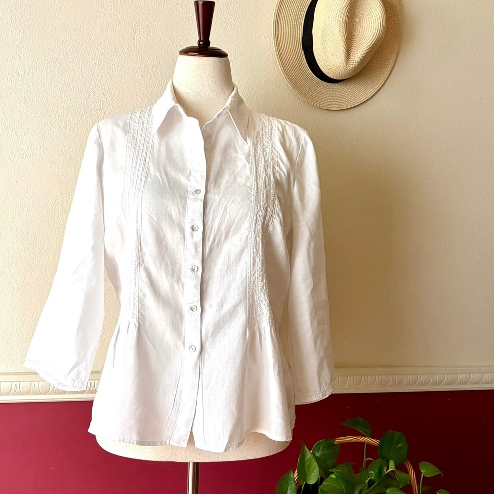 Saint Tropez West White 100% Linen Pintuck Lace Button Down Top L Coastal Crisp
